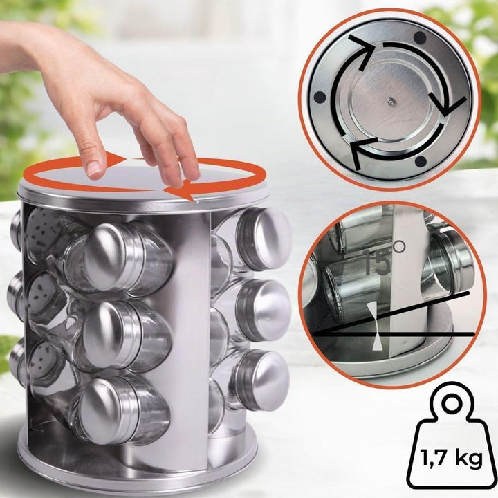 Gewürzregal Set- 12 Gewürzgläser Edelstahl - 360° drehbarer Gewürzständer für Küche -Gewürzkarussell