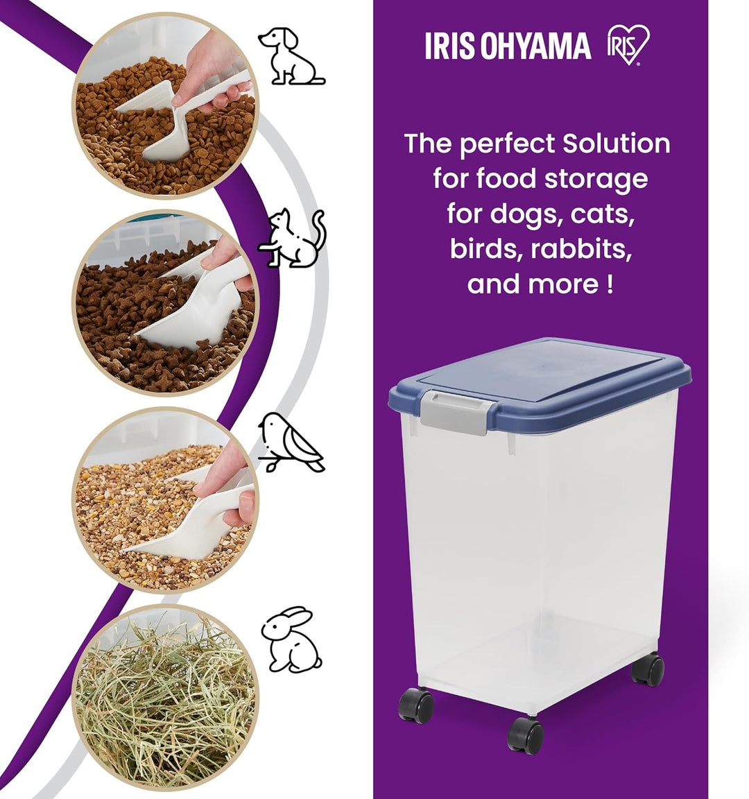Iris Ohyama Katzenfutter Aufbewahrung mit Rollen, 30L/11kg, Graublau, Luftdichte Futterbox, Trockenf