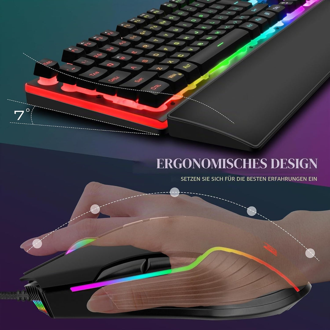 RedThunder K10 Gaming-Tastatur- und Maus-Set, Layout IT Metallplatte und Handballenauflage, RGB-Hint
