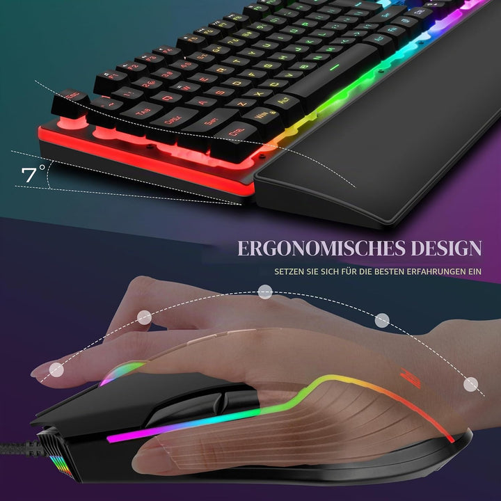 RedThunder K10 Gaming-Tastatur- und Maus-Set, Layout IT Metallplatte und Handballenauflage, RGB-Hint