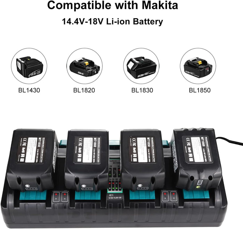 Energup 18V 4 Port Ladegerät für Makita Ladegerät DC18SF Kompatibel mit Makita 14.4V-18V Akkus BL185