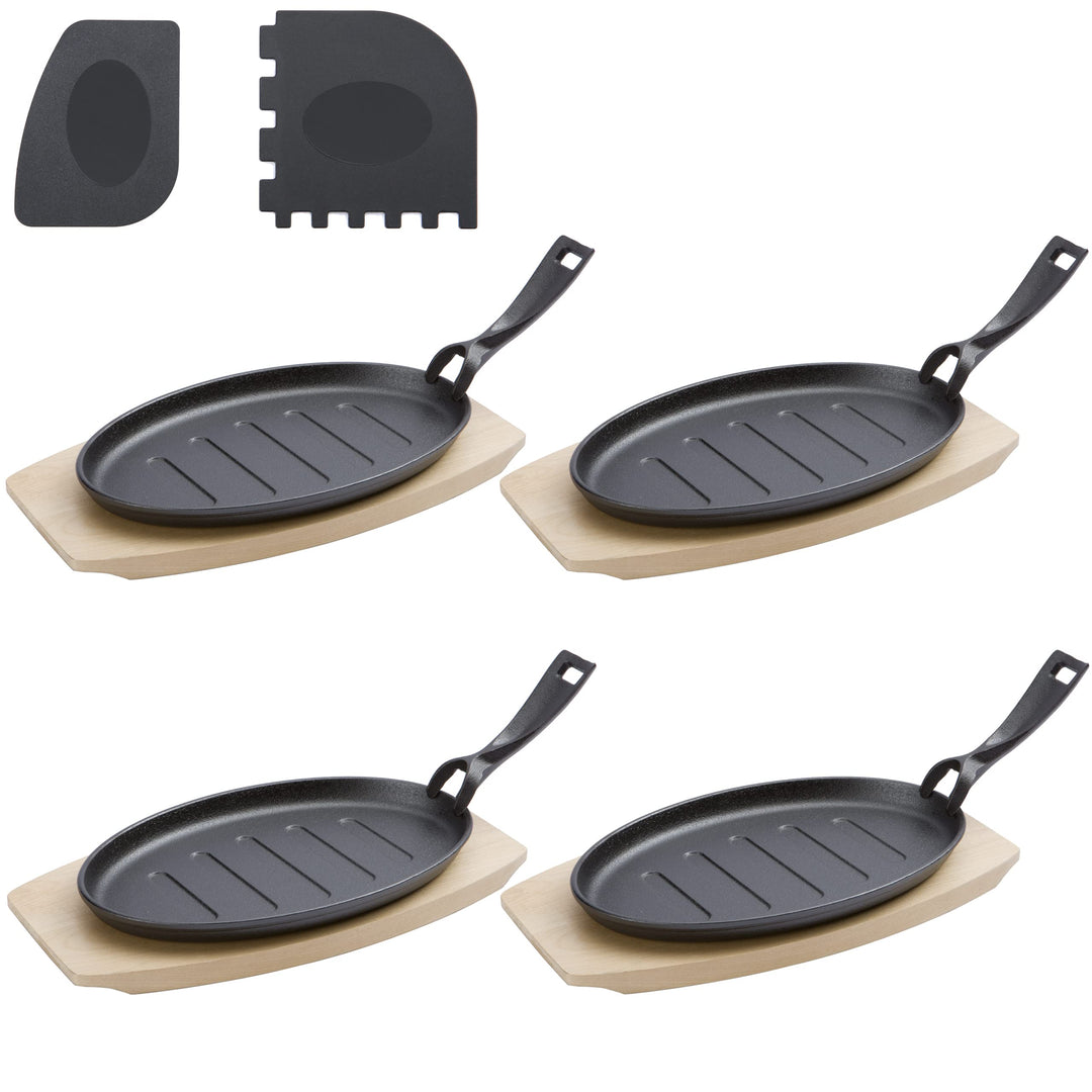 Servierpfannen aus Gusseisen extra Gross mit 27cm – Grillpfännchen inkl FSC Holzuntersetzer 32cm – S