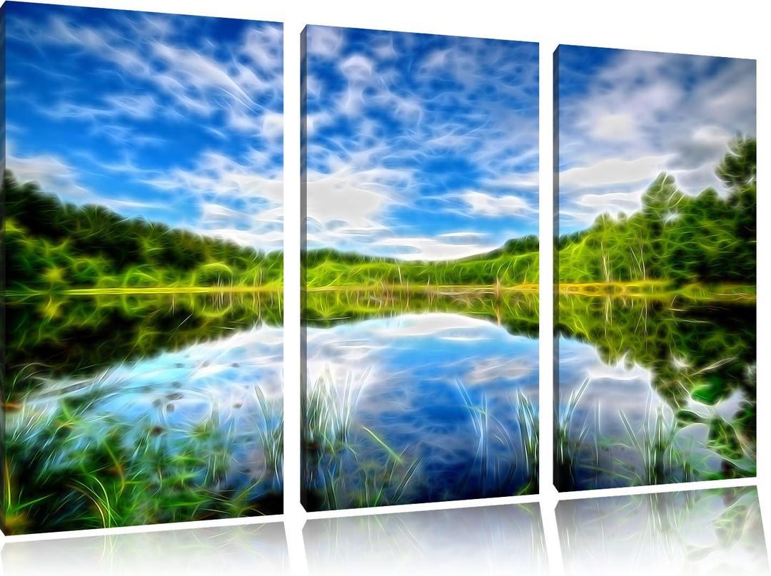 Pixxprint See im Wald / 3-Teilig/Gesamtmass 120cm Leinwandbild bespannt auf Holzrahmen/Wandbild Kuns