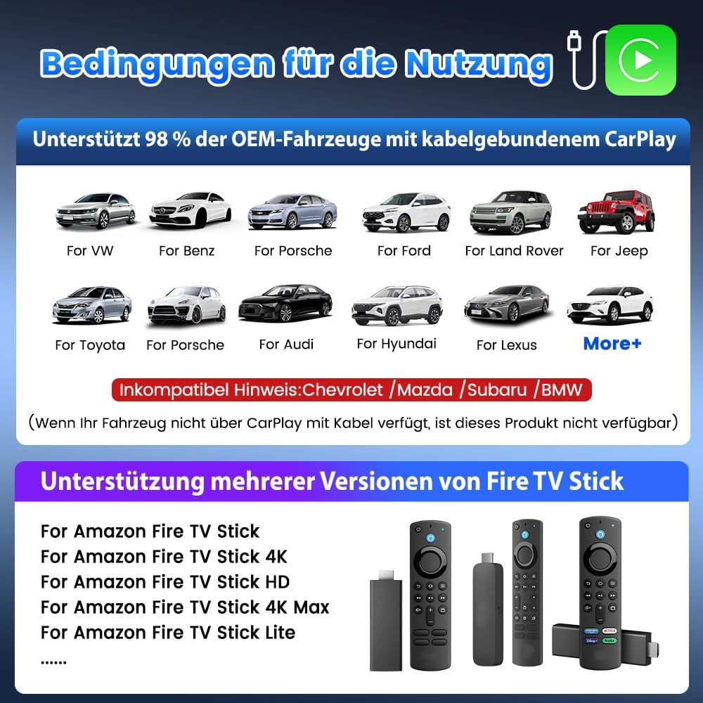 Carlinkit Fire DriveLink HDMI Adapter - konvertiert kabelgebundenes CarPlay für Fire TV Stick Stream
