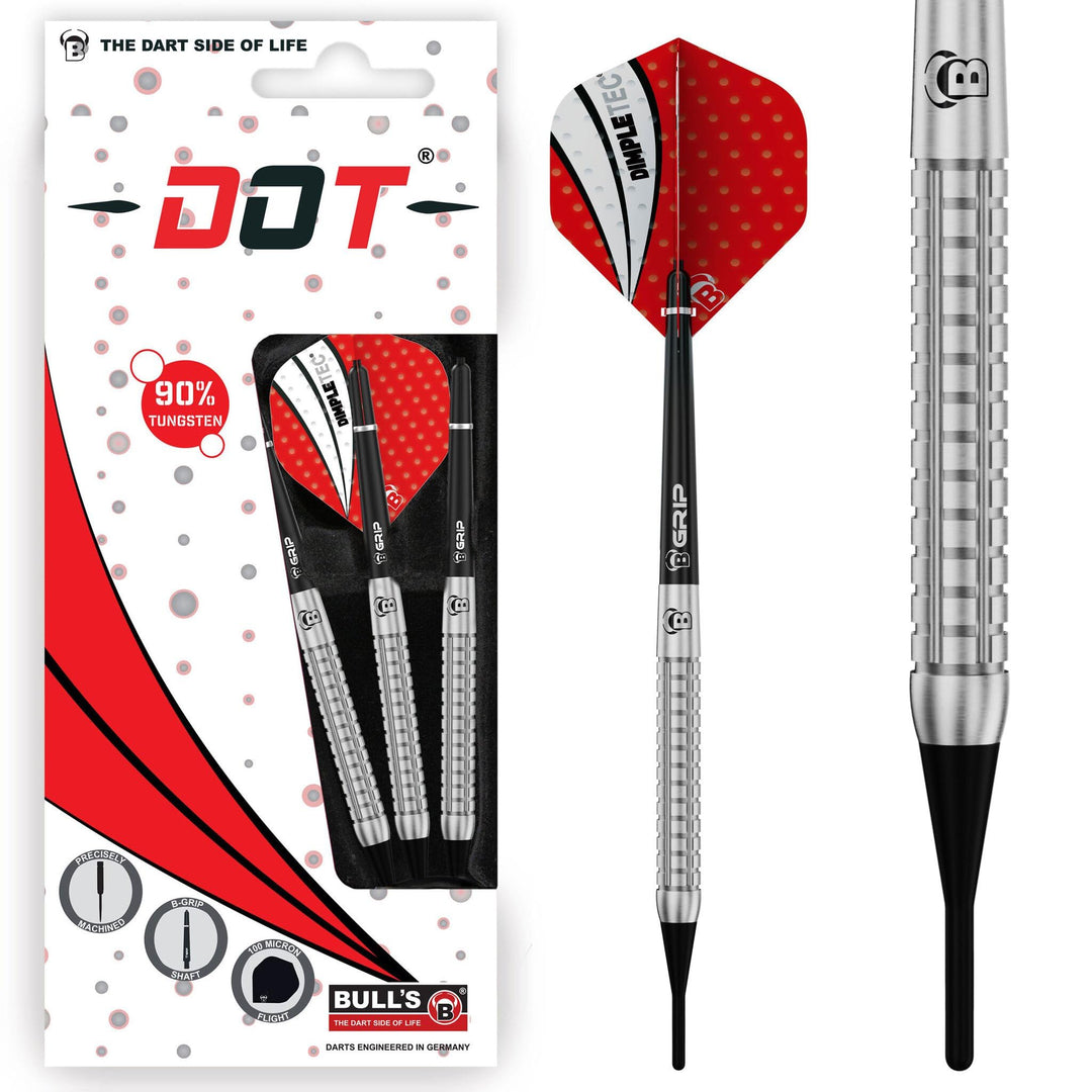 Dot Soft Dart, unterschiedliche Griffzonen und Einkerbungen machen dieses Premium Dartset aus 90 % T