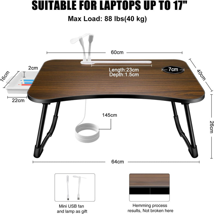 A3A ACADGQ Laptoptisch, Laptop Betttisch Klappbar, Bett Tisch mit 4 USB Ladeanschluss, Schublade, Ta
