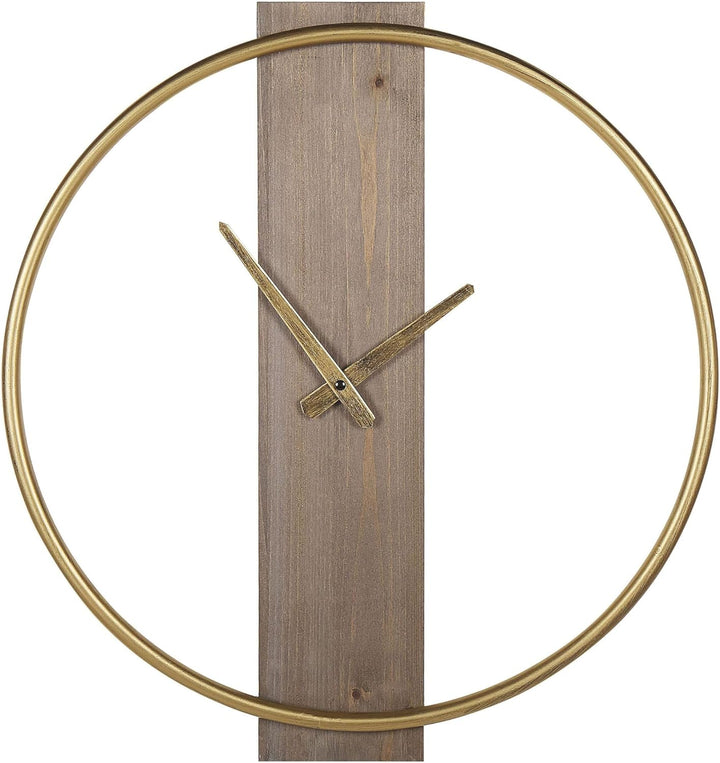 Moderne Wanduhr hellbraun Tannenholz Metallrahmen in Gold Casitas