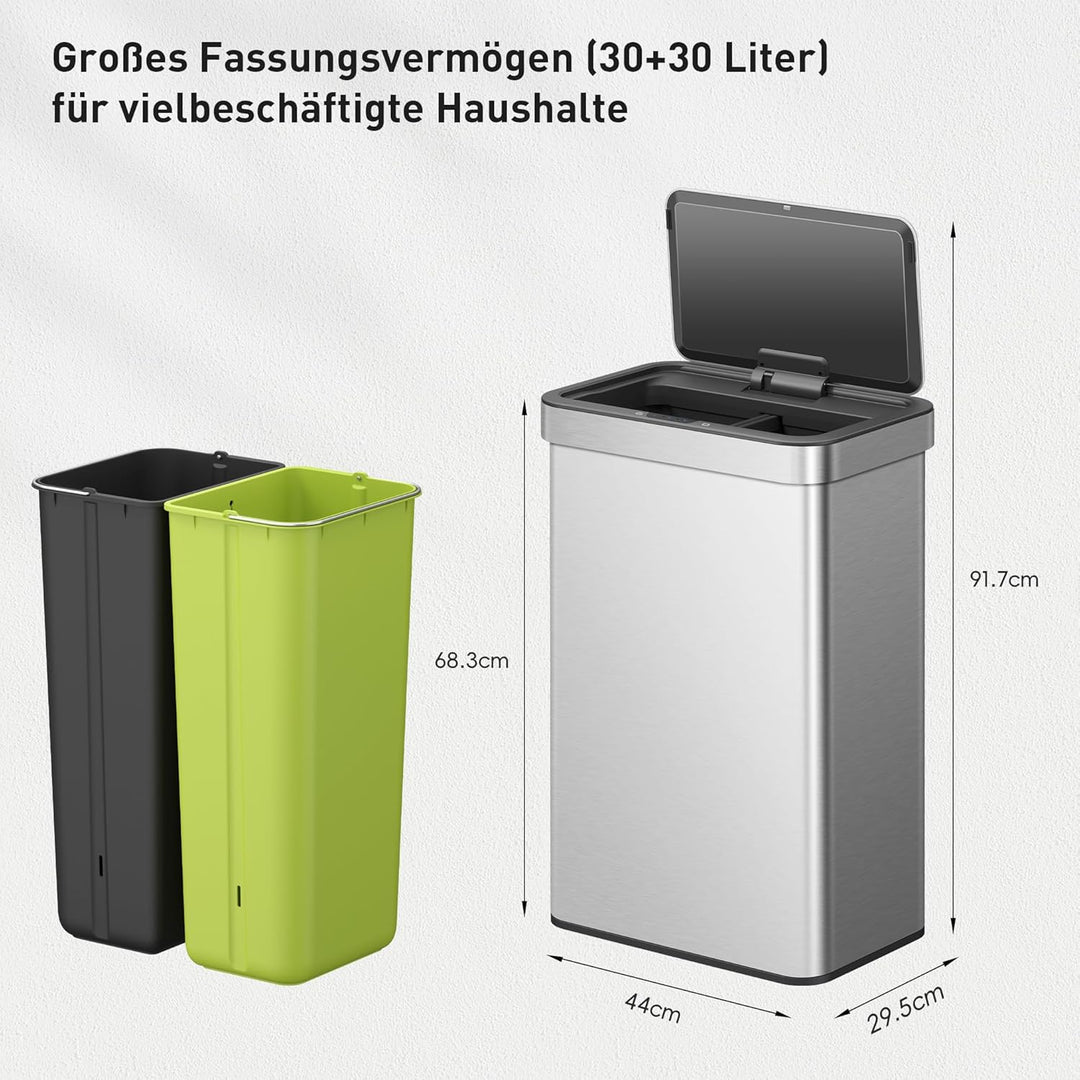 EKO NOVA Mülleimer mit Sensor, Automatischer Mülleimer 2 Fächer 2 x 30L, Abfalleimer Küche, Edelstah