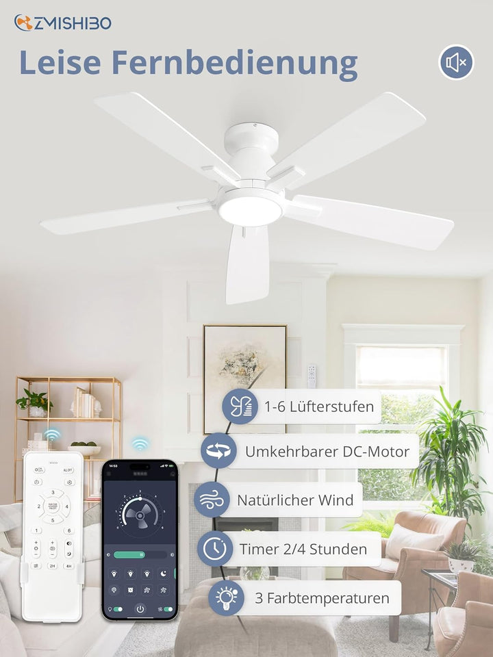 ZMISHIBO Deckenventilator mit Beleuchtung Ø117 cm,Leiser & Reversibler DC-Motor,Einstellbares LED 30