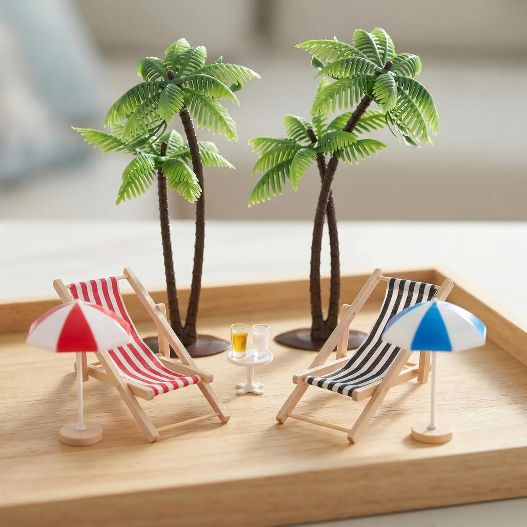 Hemobllo 9 Stück Miniatur Strand Deko Set, Mini Liegestuhl Palme Sonnenschirm Zubehör für DIY Sommer