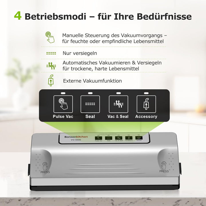 Bonsenkitchen Vakuumiergerät, 30 cm stabile Schweissnaht, Pulse-Funktion für Feuchtes, externer Vaku