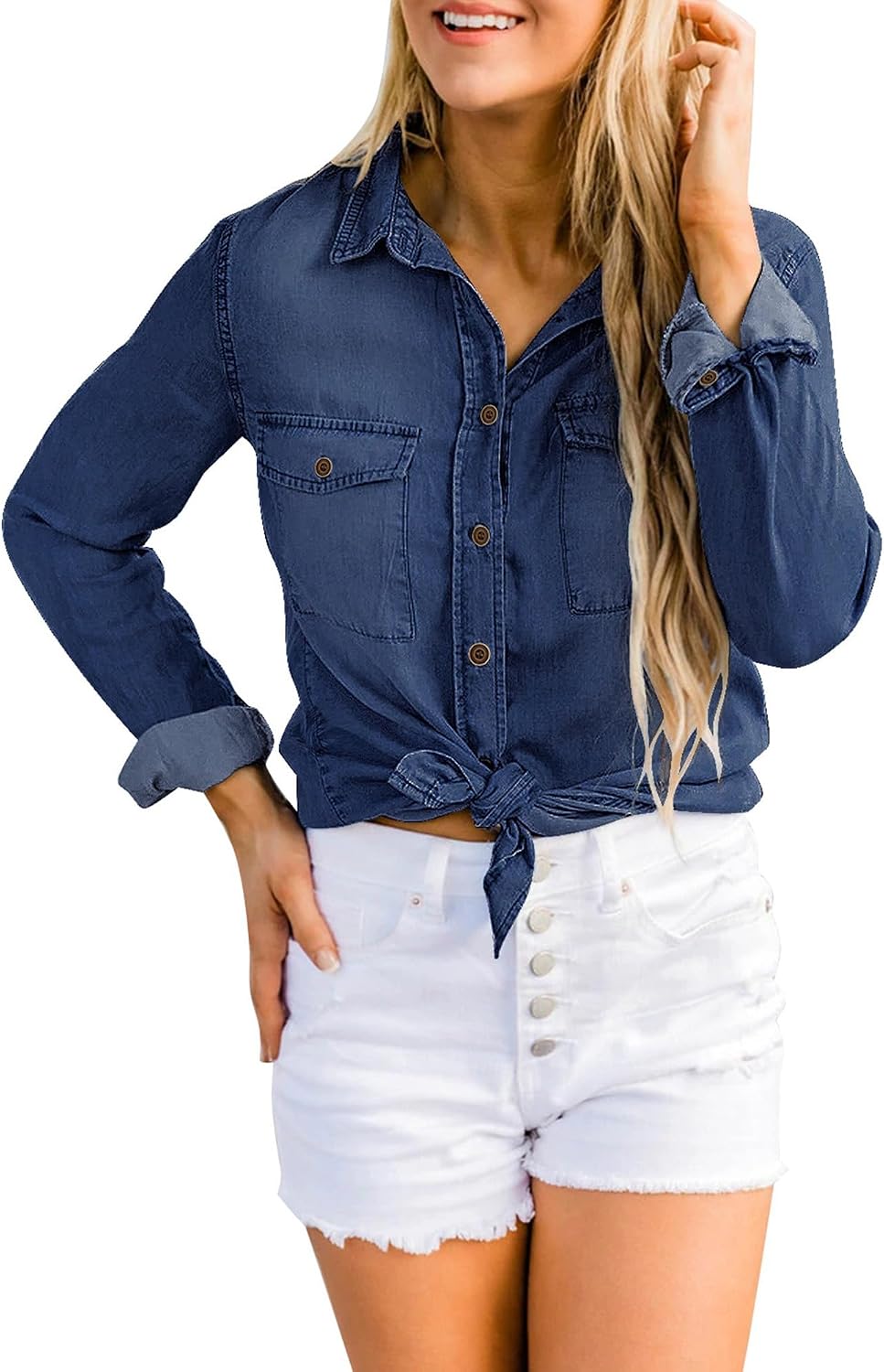 Roskiky Jeanshemd Damen Bluse Damen Western Hemden Tunika Damen Langarm Button Down Oberteile Damen