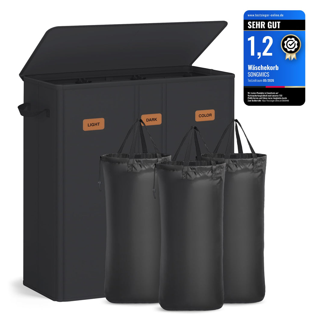 SONGMICS Wäschekorb mit 3 Fächern, 160 L, mit Deckel, 5 Etiketten, herausnehmbarer und waschbarer In