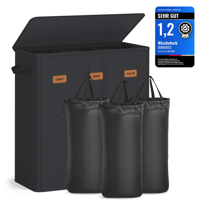 SONGMICS Wäschekorb mit 3 Fächern, 160 L, mit Deckel, 5 Etiketten, herausnehmbarer und waschbarer In