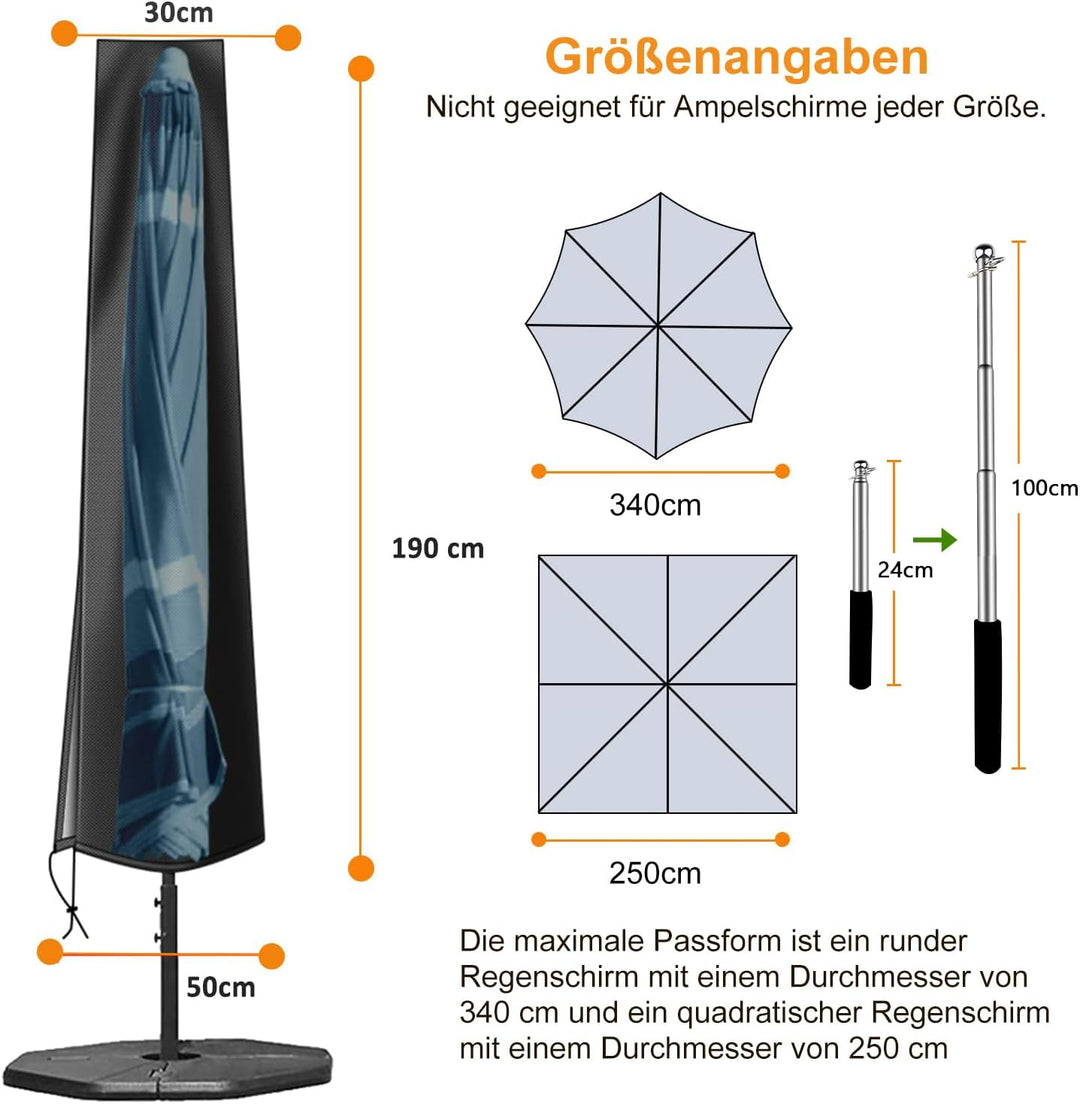 OKPOW Schutzhülle für 3m Grosse Sonnenschirm: 600D Wasserdicht Abdeckung Sonnenschirm mit Zip - Anti