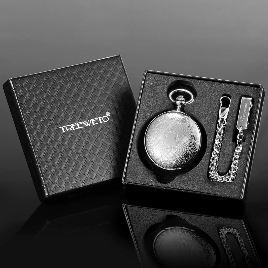 TREEWETO Herren-Taschenuhr mit doppeltem offenem Gehäuse, mechanischer Handaufzug, silberfarbene Tas
