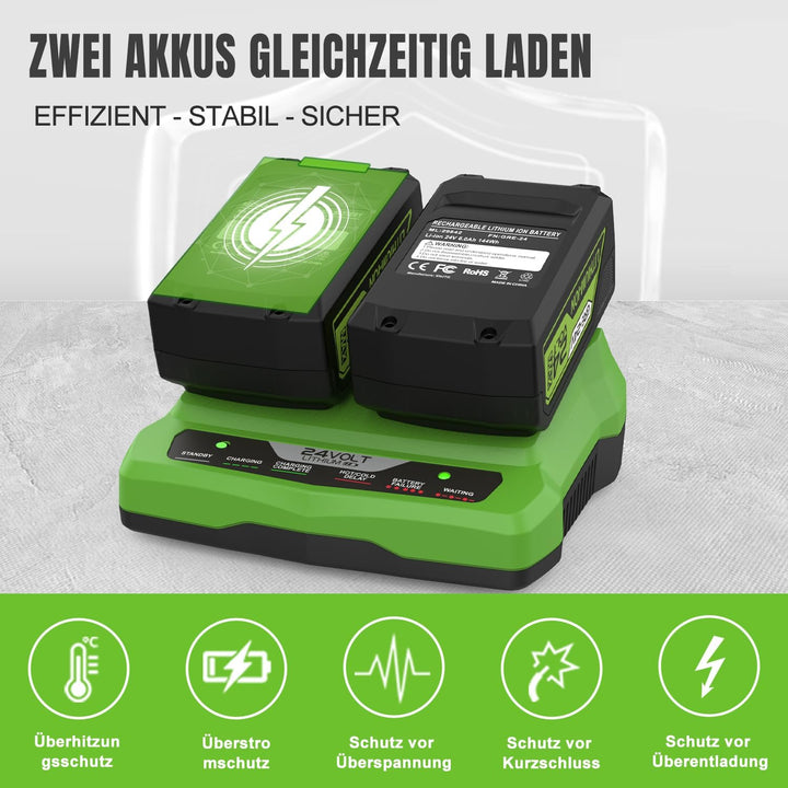 24V Dual Port Ladegerät Ersatz für Greenworks 24V Ladegerät G24X2UC2 G24X2C G24C Kompatibel mit Gree
