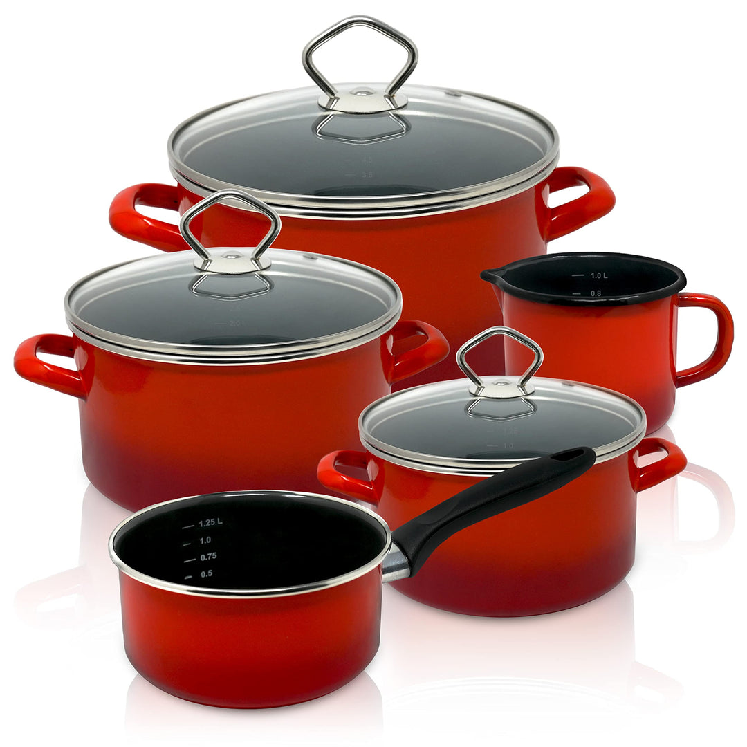 Krüger Emaille-Set Rom 5 teilig - Emaille-Topfset aus Fleischtopf, Stieltopf und Milchtopf - Töpfe m