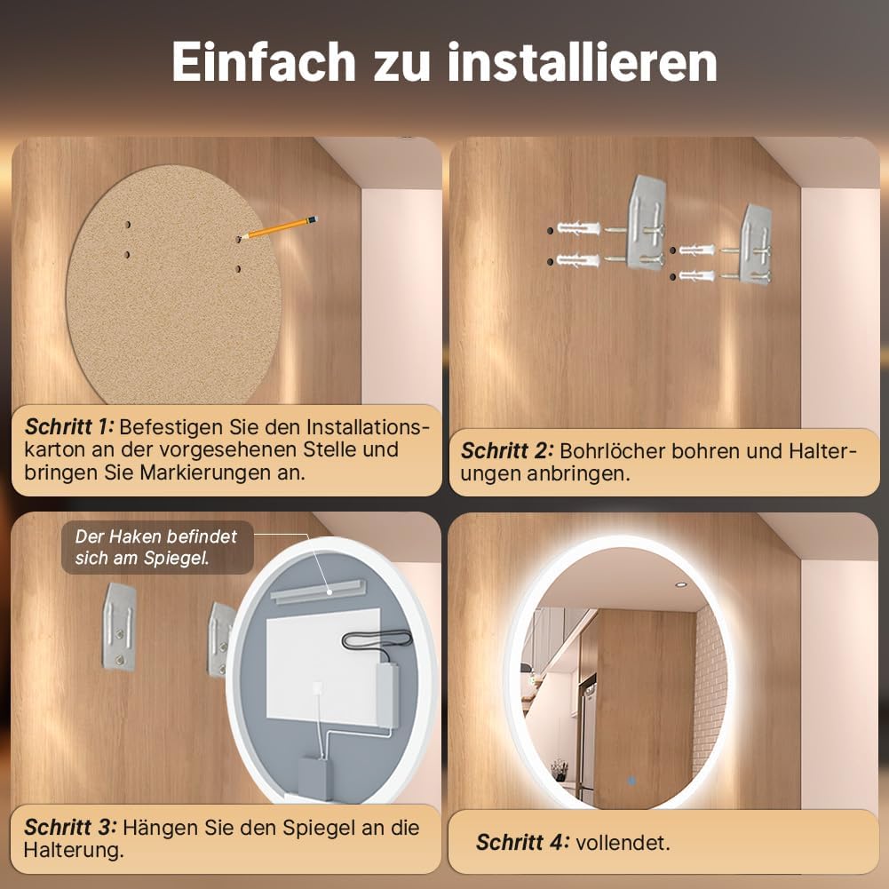 60cm Runder Badspiegel mit Beleuchtung, 3D Edge Lighting, 3 Farbtemperaturen, Dimmbar, Badezimmerspi