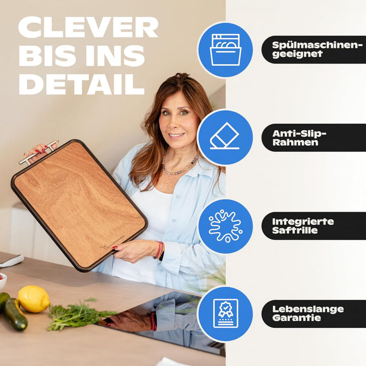 Doppelseitiges Schneidebrett Holz & Edelstahl – 2-in-1 Küchenbrett | Rutschfestes Cutting Board, Gro