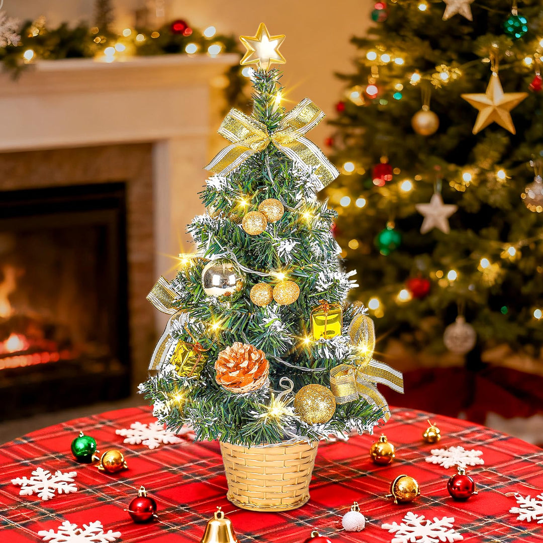 Kleiner Weihnachtsbaum mit Beleuchtung, 45CM Künstlicher Mini Weihnachtsbaum mit Stern und Deko, Ges