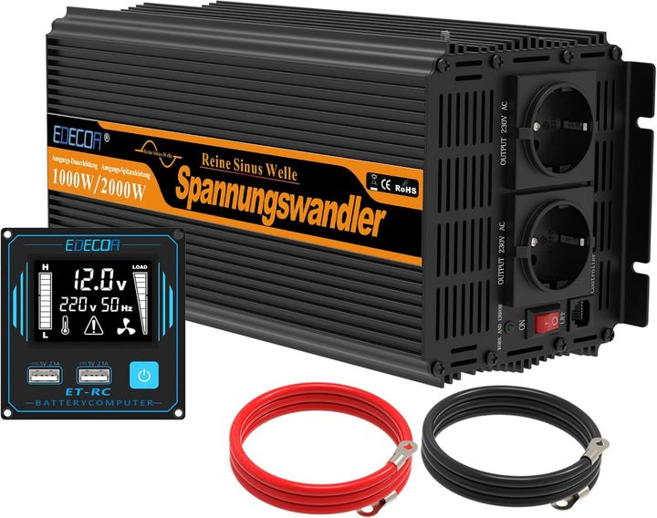 EDECOA Wechselrichter 12v 230v Reiner Sinus Spannungswandler 1000w mit Neuer Fernbedienung 2X USB un
