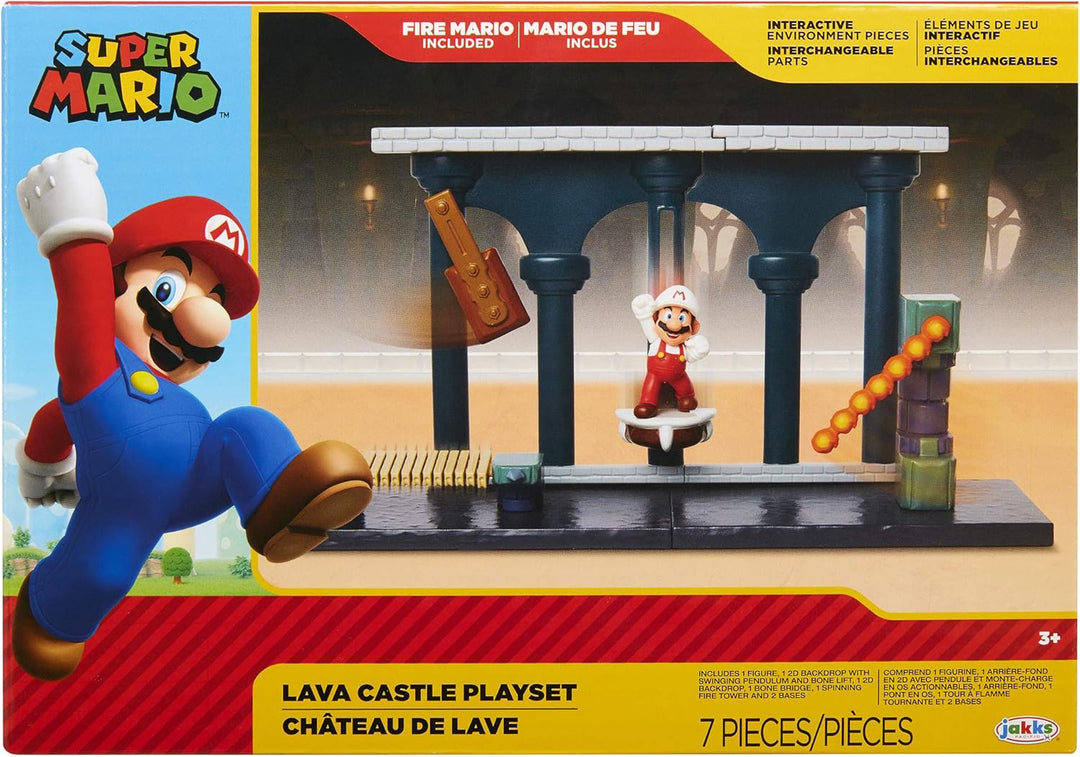 Nintendo Jakks 400174 Super Mario Spielset - Lawa Schloss - inkl. 6cm Mario Figur, Knochen Lift & Br