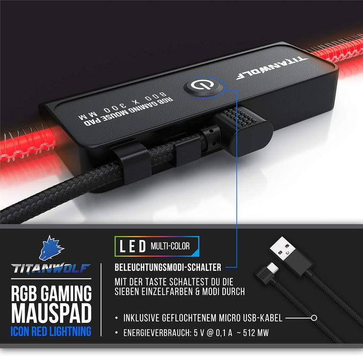 Titanwolf - RGB Gaming Mauspad - XXL LED Schreibtischunterlage - 800x300 mm - Multi Color LED - 11 B