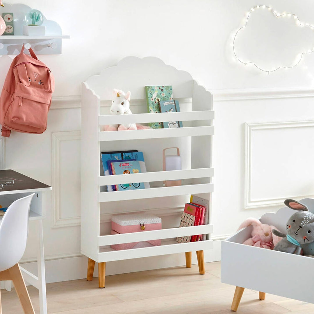 Avilia Bücherregal Wolke für Kinder, 3 Ablagen aus Holz, Grau, platzsparend, 58 x 100 x 18 cm
