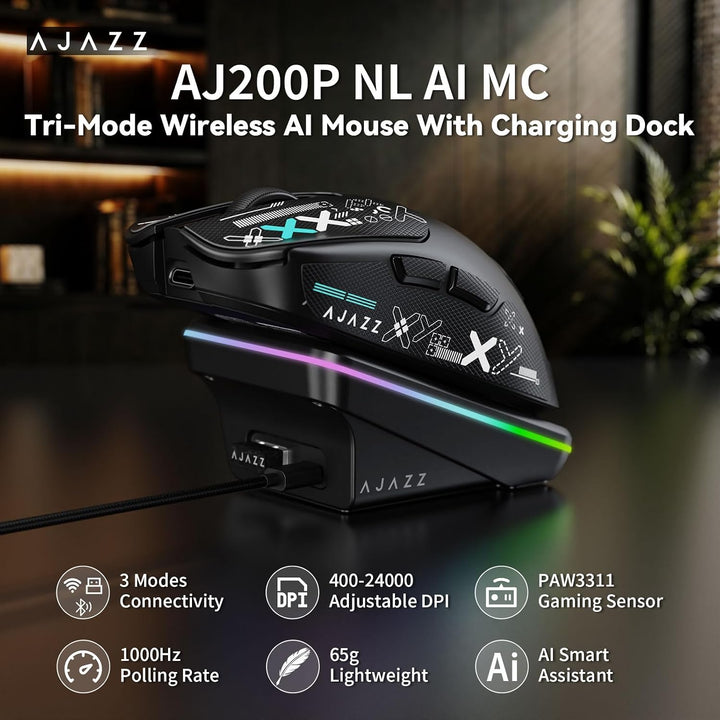 A.JAZZ AJ200P Kabellose Gaming-Maus mit KI-Unterstützung &amp; Ladestation Schwarz B, Schwarz B