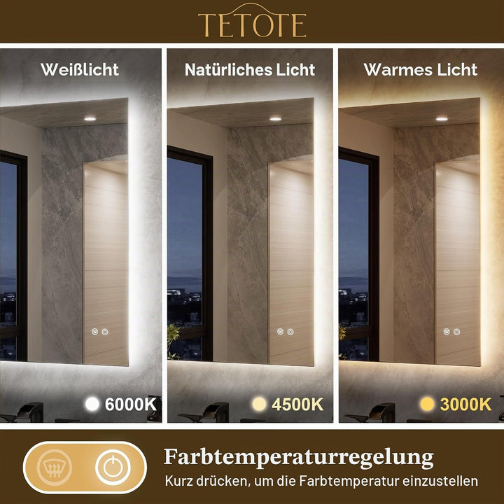 TETOTE Badspiegel mit Beleuchtung 50x70cm, Rechteckiger Badezimmerspiegel, Badezimmer Wandspiegel Oh