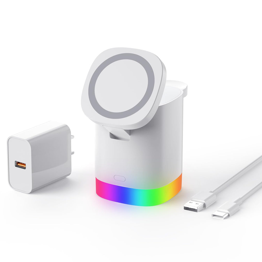JoyGeek Ladegerät mit 4 RBG Nachtlicht, Faltbar 3 in 1 Kabellose Ladestation für iPhone Air/17/16/15