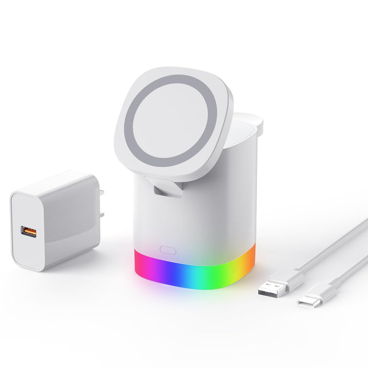 JoyGeek Ladegerät mit 4 RBG Nachtlicht, Faltbar 3 in 1 Kabellose Ladestation für iPhone Air/17/16/15