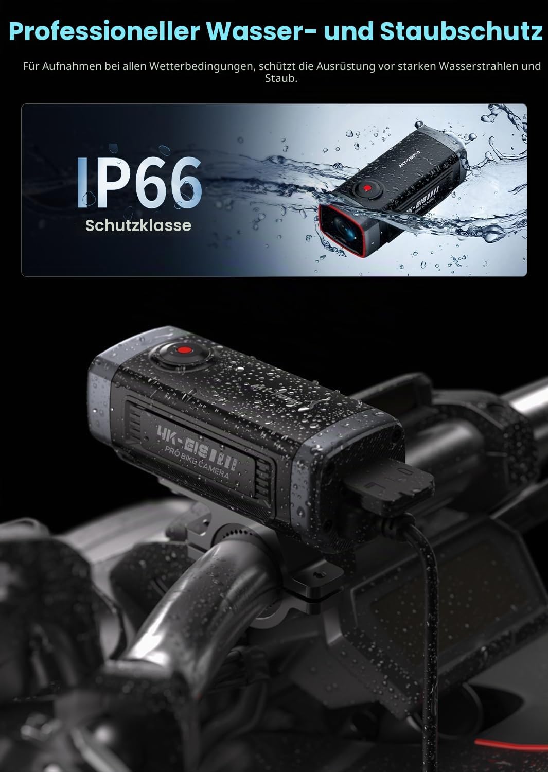 AKEEYO-710Pro EIS Fahrradkamera, 4K28FPS 20MP WiFi Action Kamera mit IP66 Ultra HD wasserdichte Kame