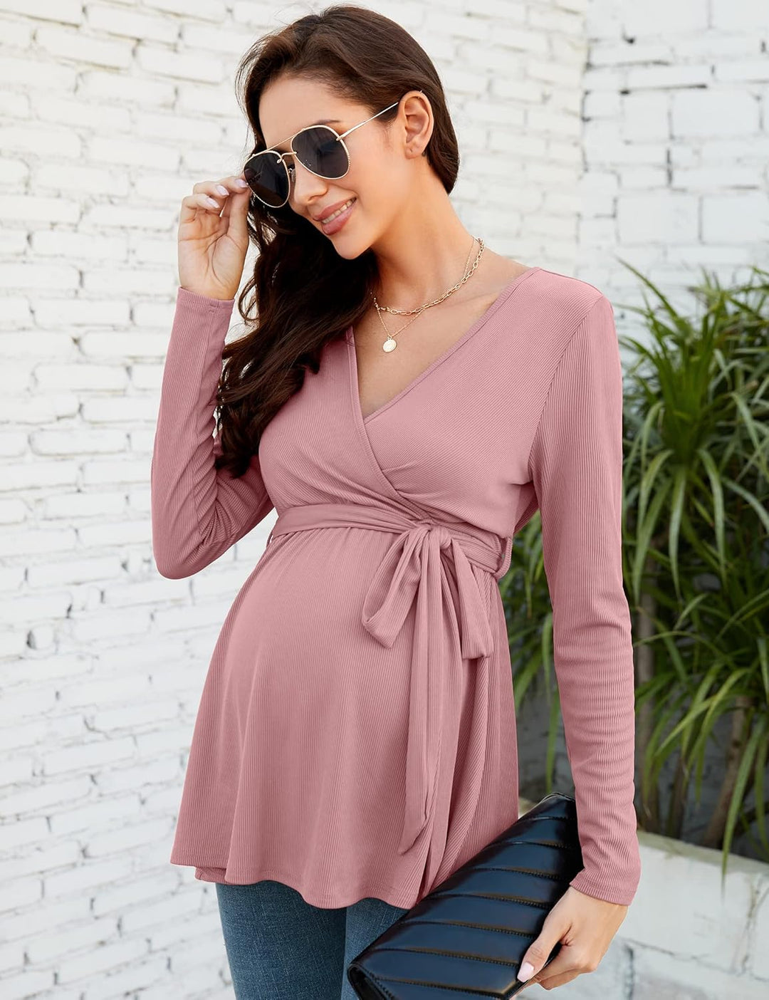 KOJOOIN Damen Stillshirt Schwangerschaftsshirt V-Ausschnitt Umstandsshirt Langarm Nursing Tops mit G