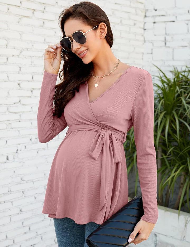 KOJOOIN Damen Stillshirt Schwangerschaftsshirt V-Ausschnitt Umstandsshirt Langarm Nursing Tops mit G
