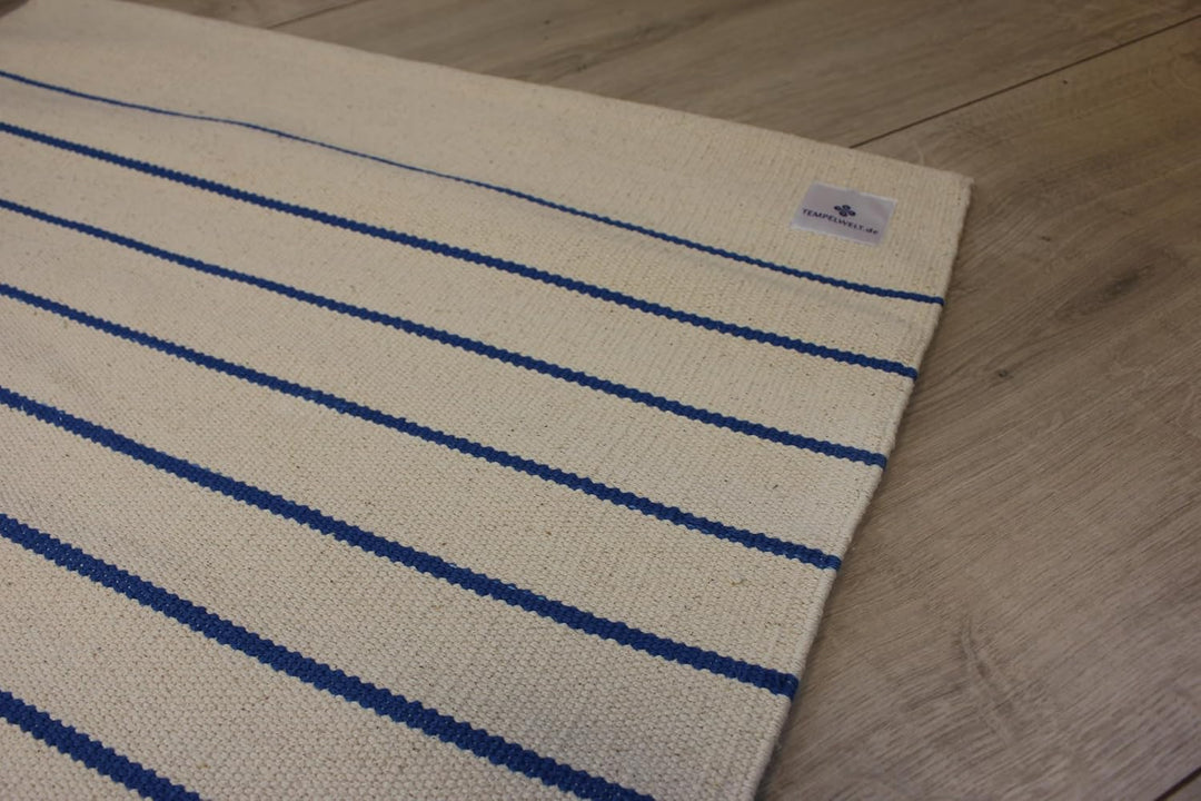 Yogateppich Yogamatte 190 x 66 cm aus Baumwolle Textil Natur Blau gestreift, Yogaunterlage gross für