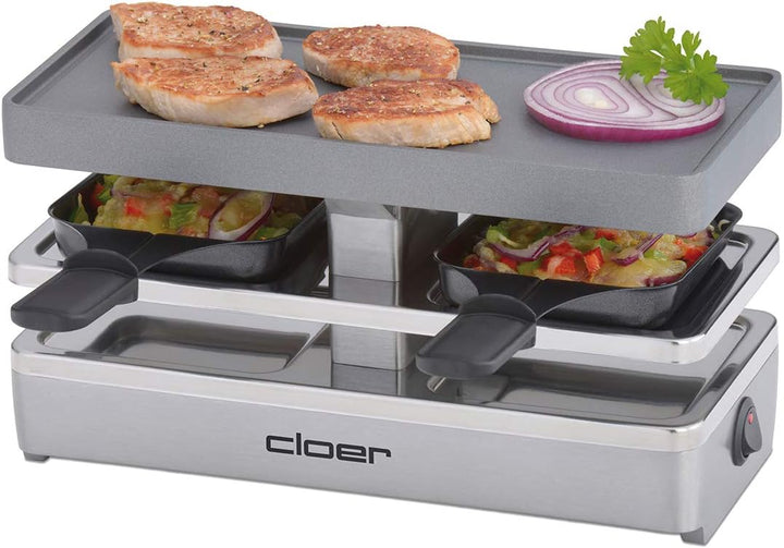 Cloer 6495 Mini Raclettegrill / 400 W / 2 Pfännchen mit wärmeisolierten Griffen / Unbeheizter "Parkp