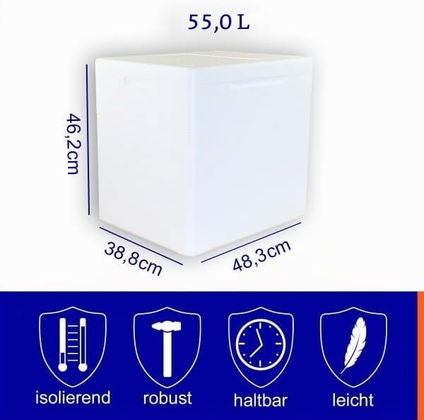 Styroporboxen 55 Liter mit Deckel | Thermobox Innenmass: 42 x 32,5 x 40 cm | Isolierbehälter in weis