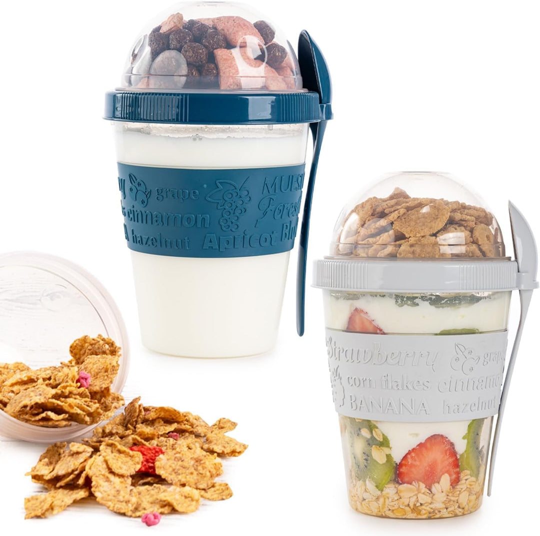 Bergmann Joghurtbecher To Go 600ml 4er Set – Müslibecher To Go mit Löffel Müsli To Go Becher mit Dec