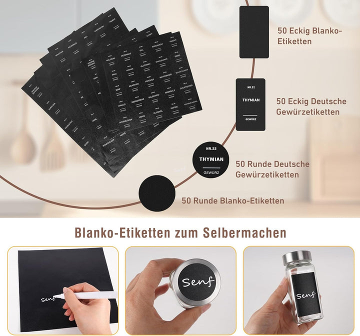 Gewürzgläser Eckig 24 Stück mit Edelstahl-Deckel & Gewürzmühle – Luftdichte Gewürzdosen Set inkl. 20