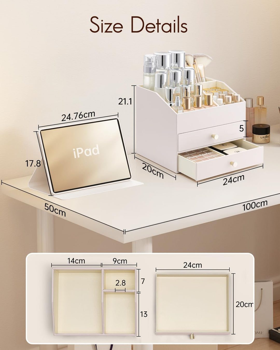 Vlando Make up Organizer mit 3 Schubladen, Schminktisch Organizer, Kosmetik Organizer, Schmink Organ