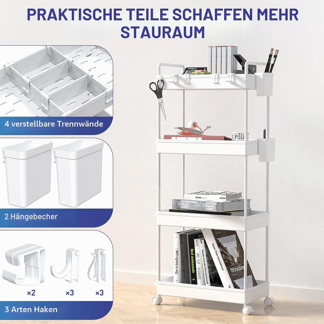 Ronlap Rollwagen Küchewagen mit 4 Ebenen, Servierwagen mit Aufhängebecher, Separator, Haken, Regal a