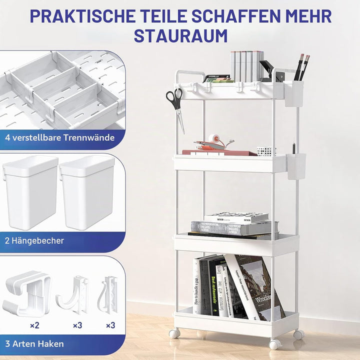 Ronlap Rollwagen Küchewagen mit 4 Ebenen, Servierwagen mit Aufhängebecher, Separator, Haken, Regal a