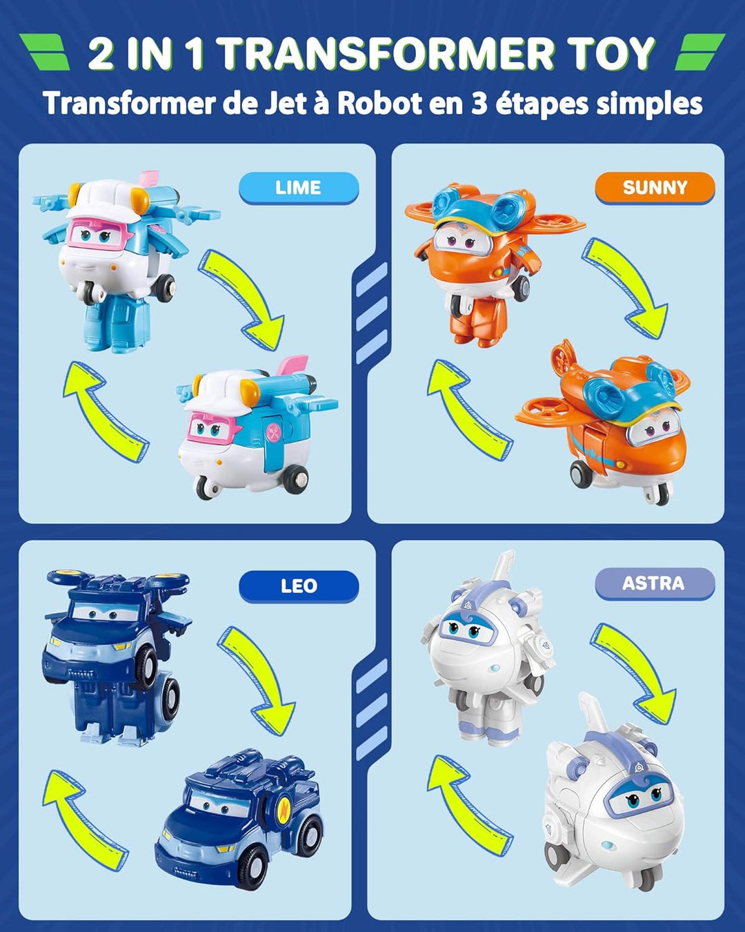Super Wings World Airport Crew Verwandlungsroboter-Set, 8 Transformationsroboter und 7 PVC-Figuren,