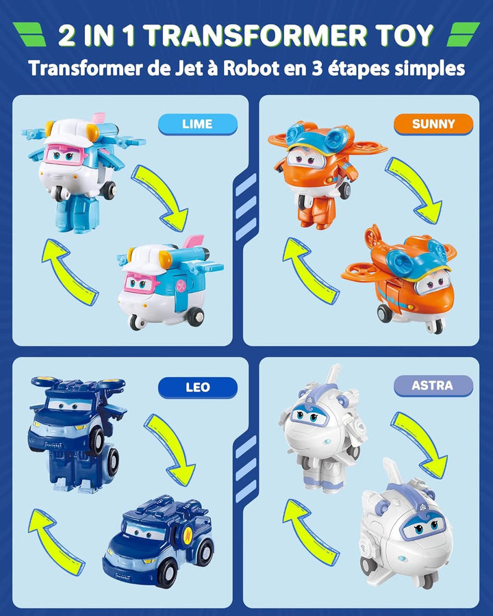 Super Wings World Airport Crew Verwandlungsroboter-Set, 8 Transformationsroboter und 7 PVC-Figuren,