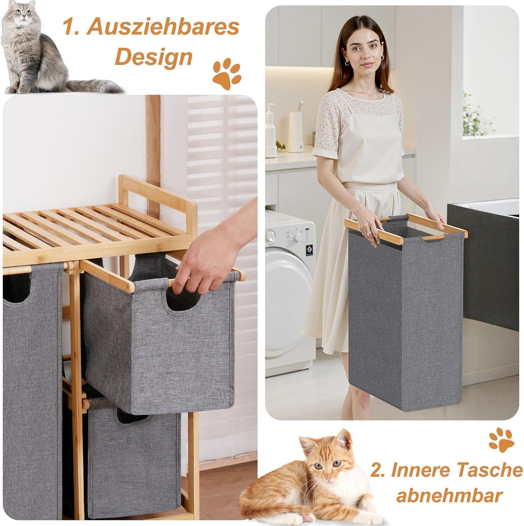 iEGrow Wäschekorb 4 Fächer 150L, Wäschesammler 4 Fächer, Bambus Wäschewagen mit Ablage für Schmutzwä