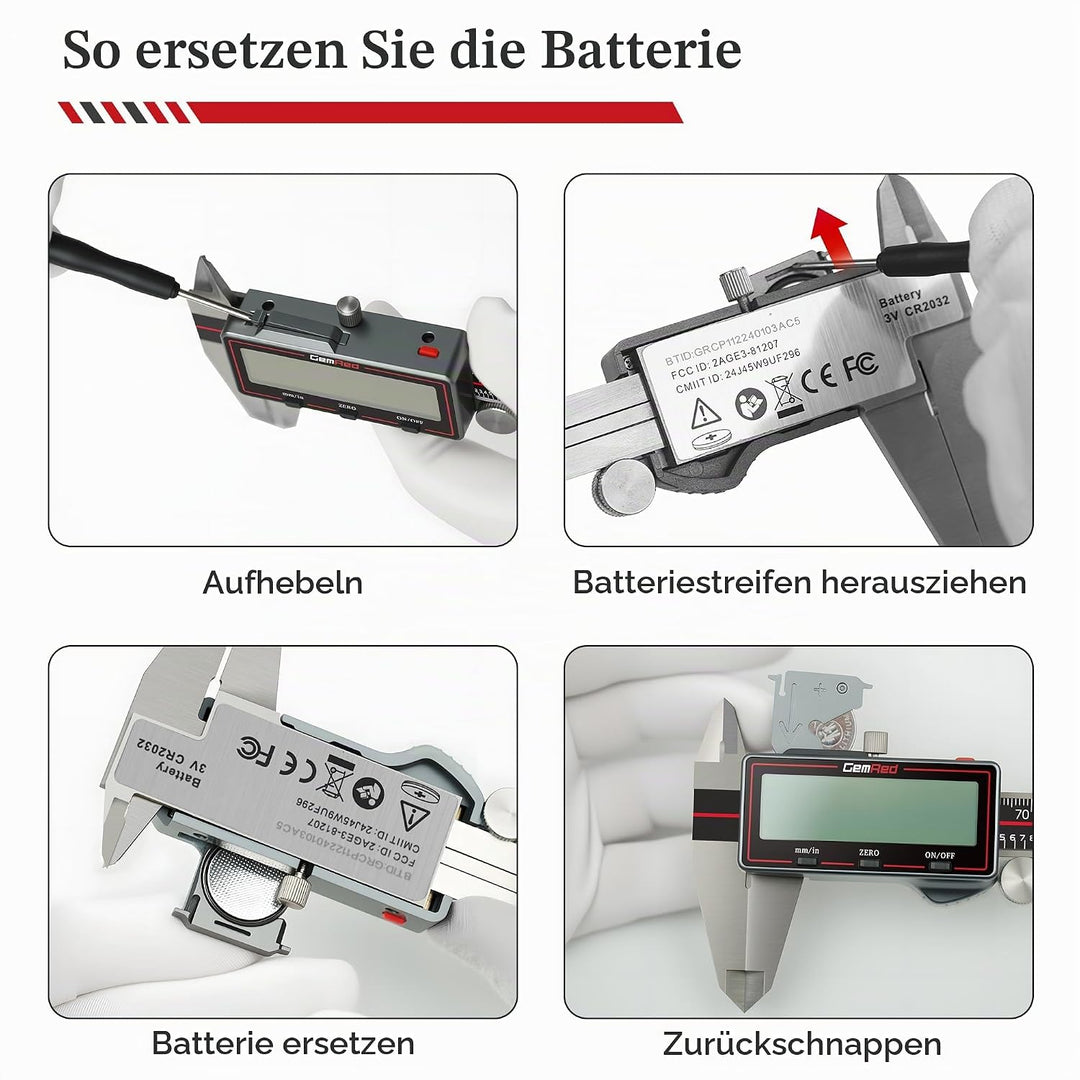 GemRed Digitaler Messschieber 150 mm, Kabelloser Edelstahl Messschieber mit Grossem LCD-Display, Sch