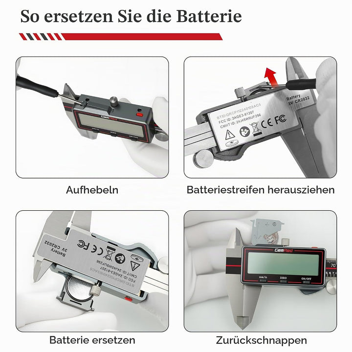 GemRed Digitaler Messschieber 150 mm, Kabelloser Edelstahl Messschieber mit Grossem LCD-Display, Sch