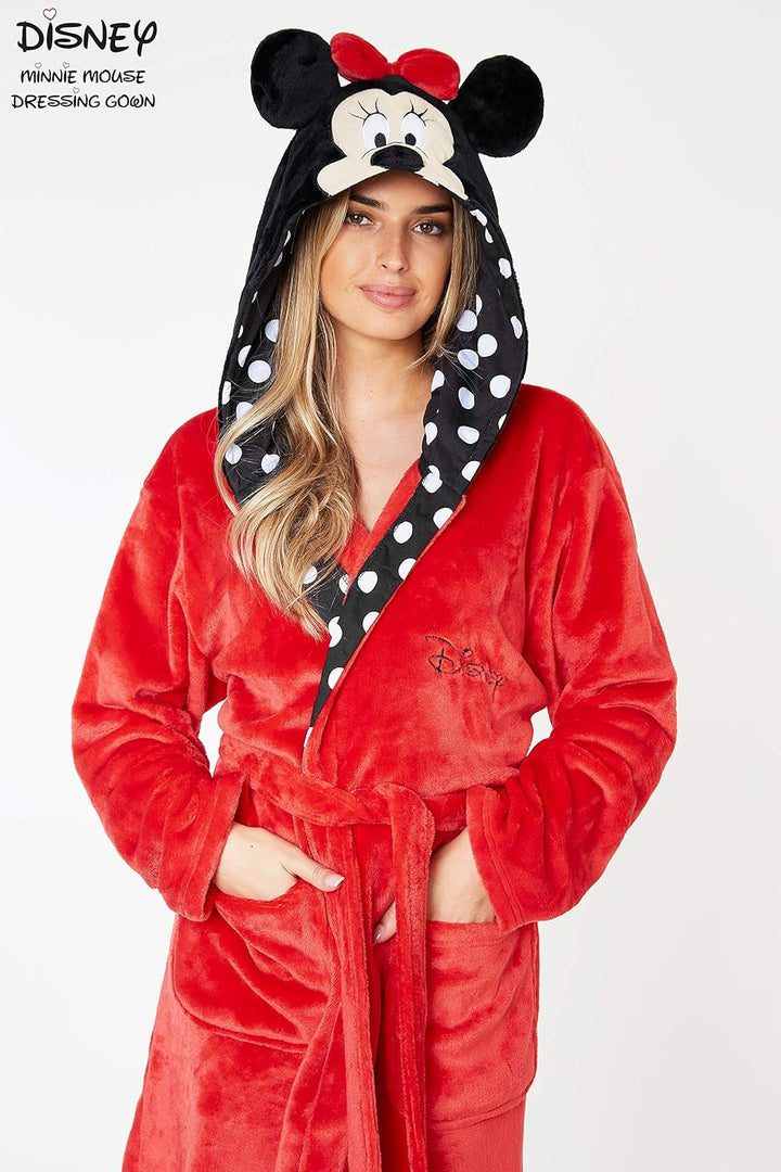 Disney Minnie Mouse Bademantel Damen, Morgenmantel Damen mit 3D Kapuze, Kuschelig Fleece Bademantel